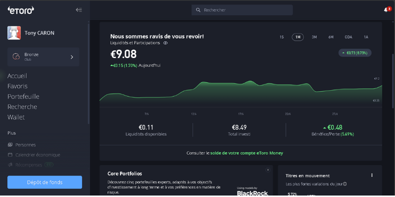 Interface eToro montrant le tableau de bord de trading