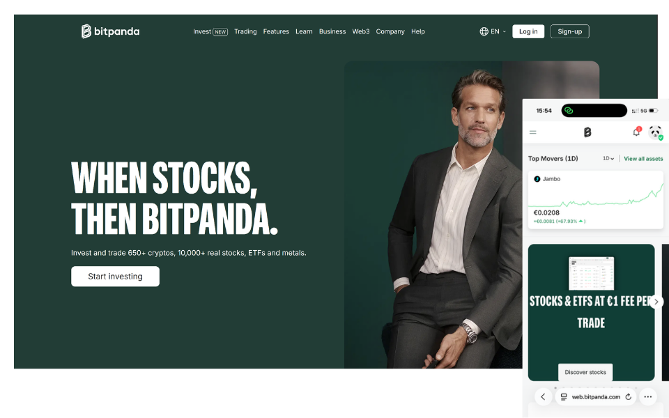 Bitpanda screenshot: stocks & ETFs and mobile app